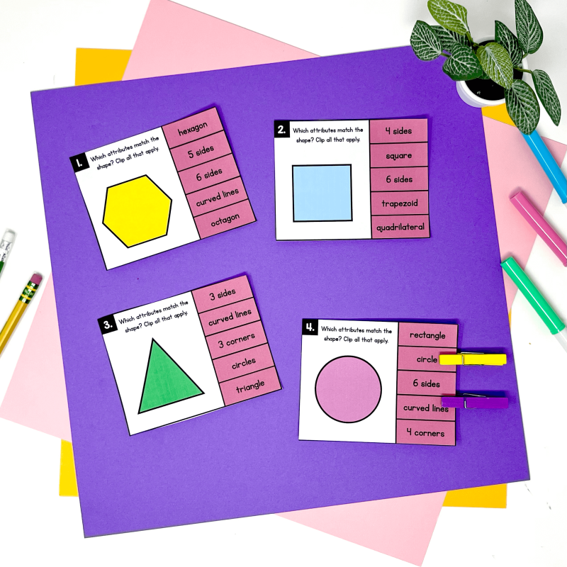 shape attribute task cards 2nd grade spring math centers