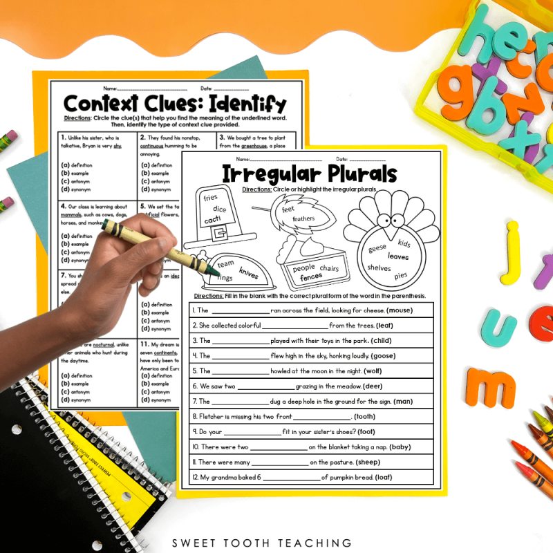 3rd grade literacy worksheets with context clues activity and irregular plurals