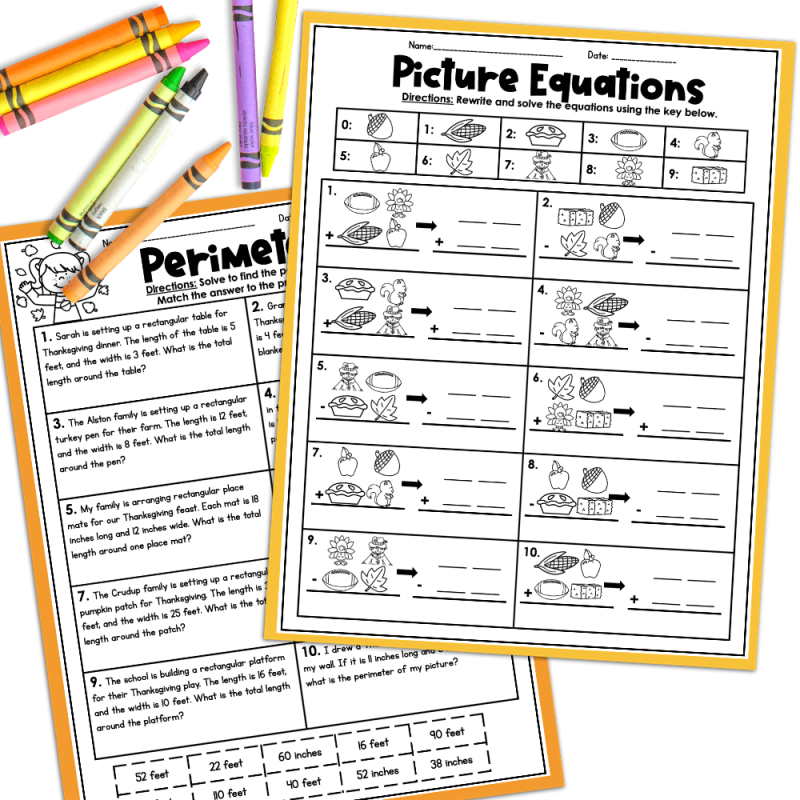 3rd grade review worksheets showing perimeter activity and picture equations for Thanksgiving