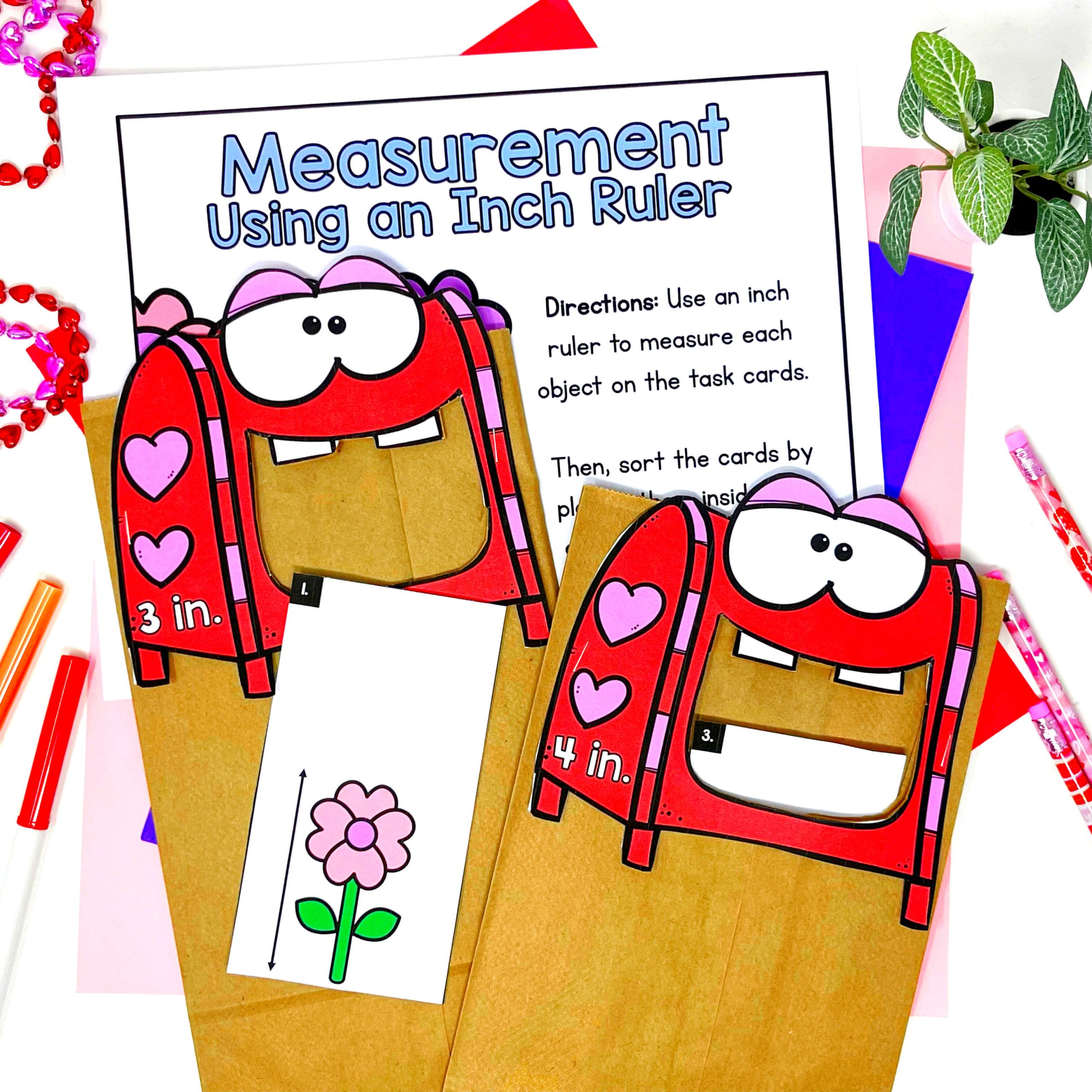 Measurement activities using an inch ruler for Valentine's day