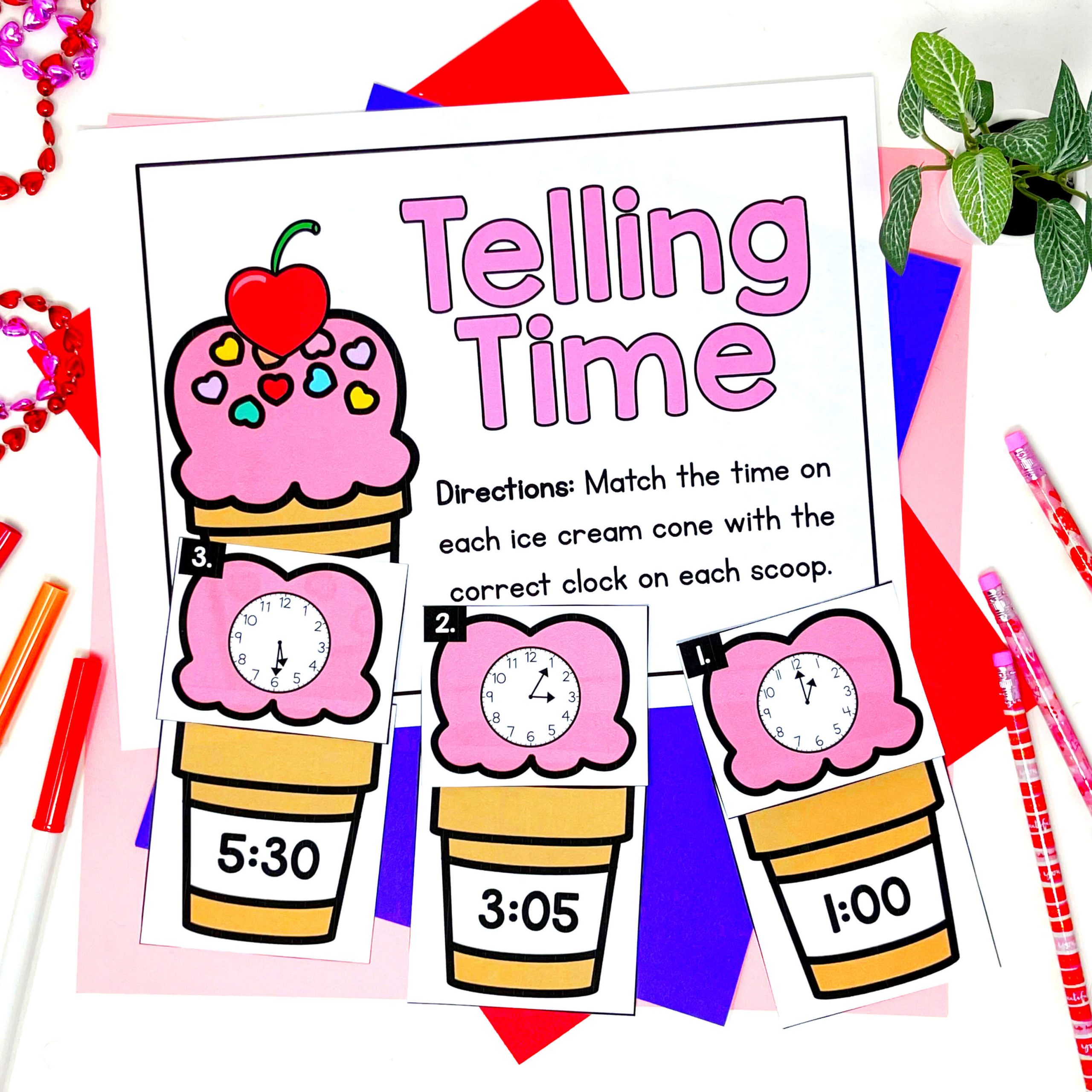 Telling time task cards for Valentiene's day