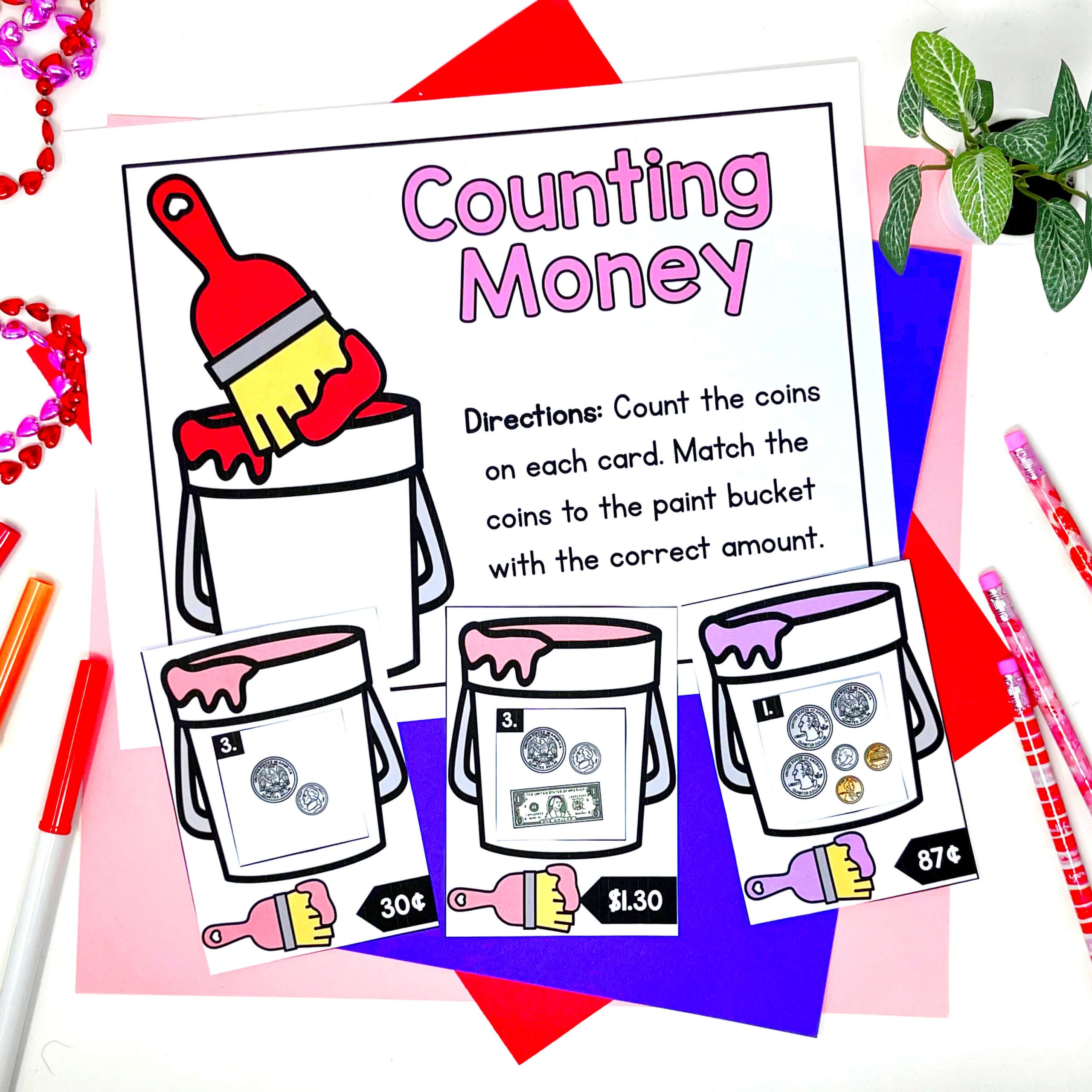 counting money task cards for valentines day math centers
