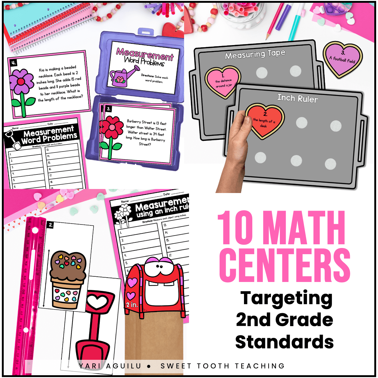 Colorful February math centers set with Valentine's Day task cards, worksheets, rulers; perfect for 2nd grade classroom activities.