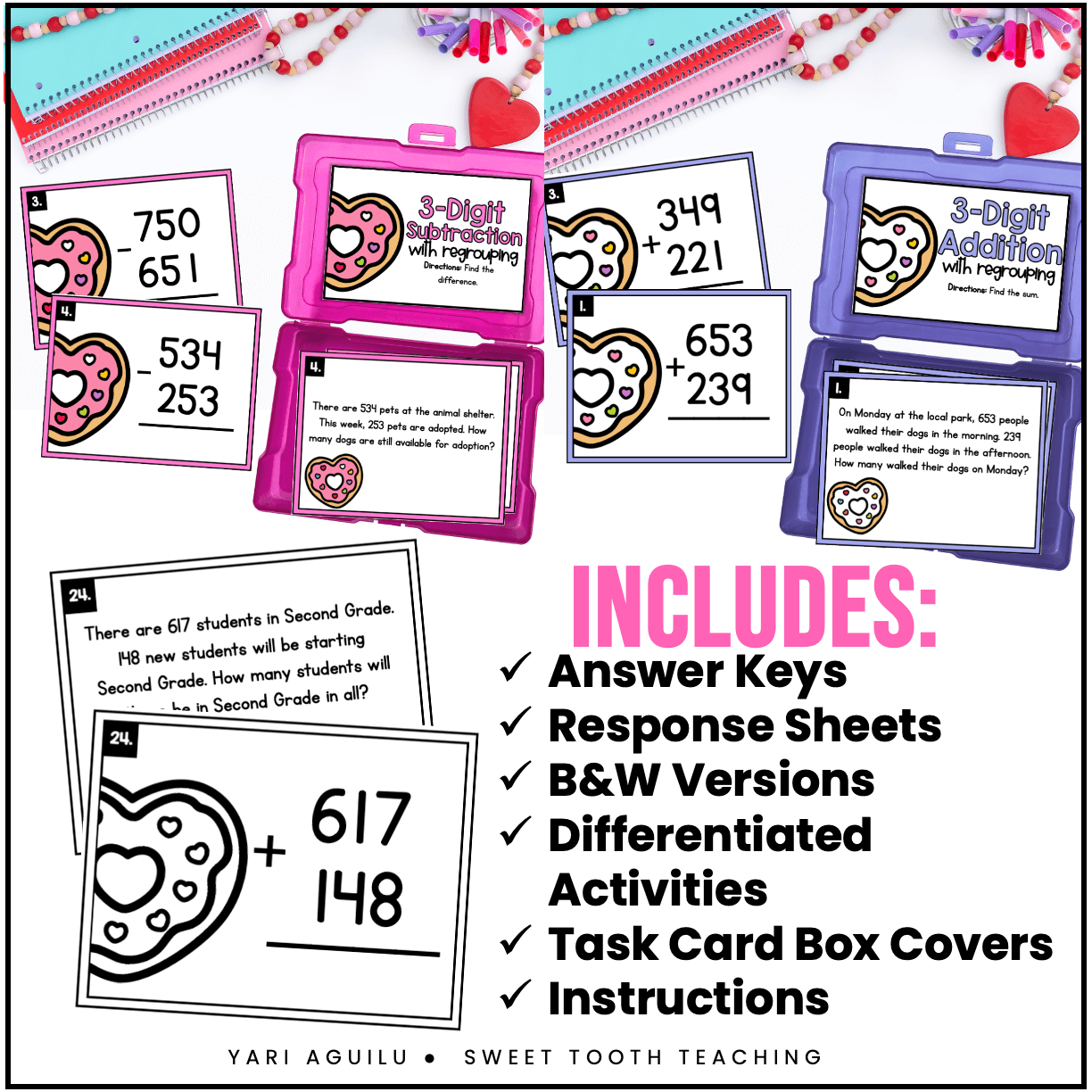 Fun Valentine’s Day math center for 2nd grade—colorful 3-digit addition & subtraction task cards, donut theme, answer keys, printables.