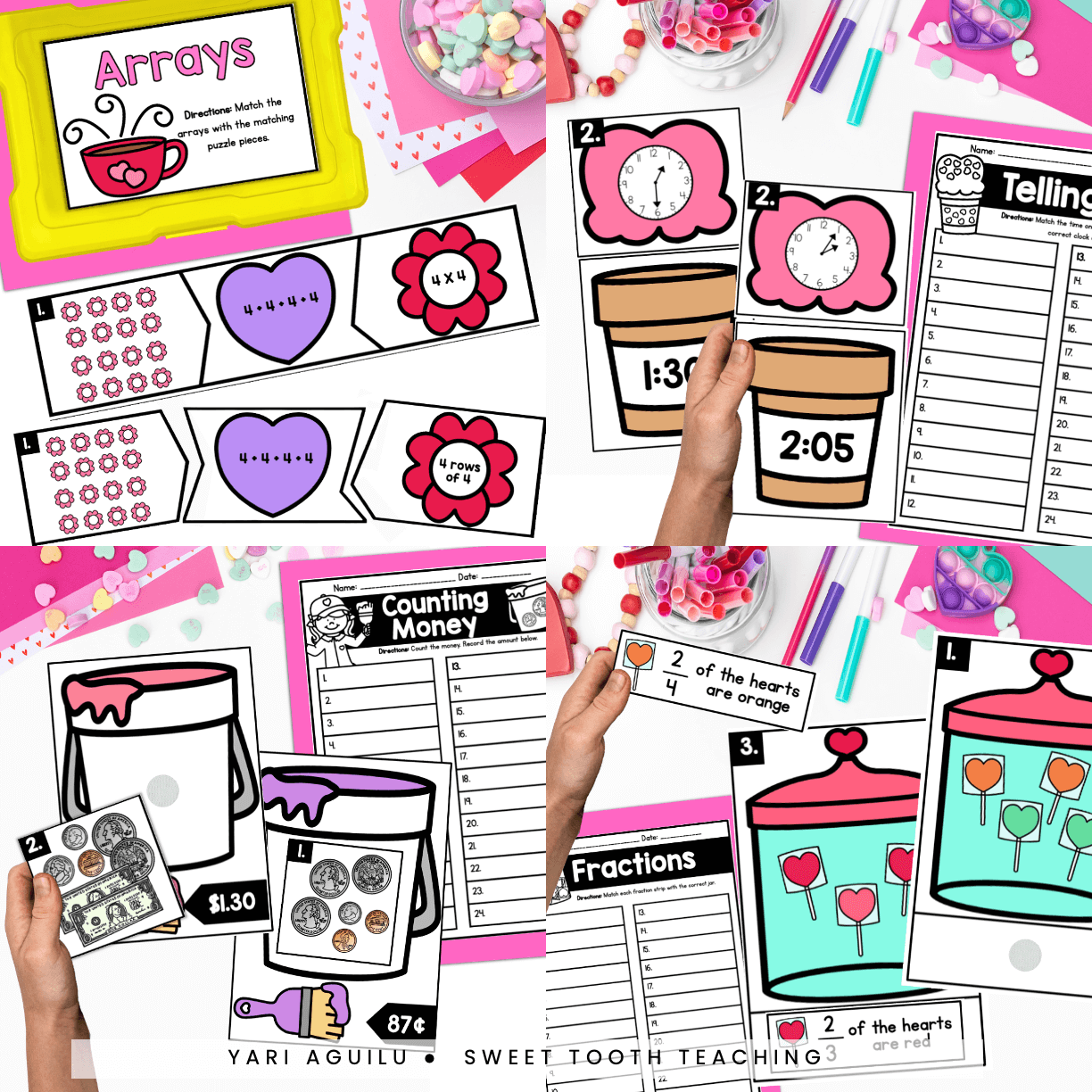 Valentine’s Day math centers for 2nd grade—arrays, time, money, and fractions with cupcake & candy themes; festive supplies.