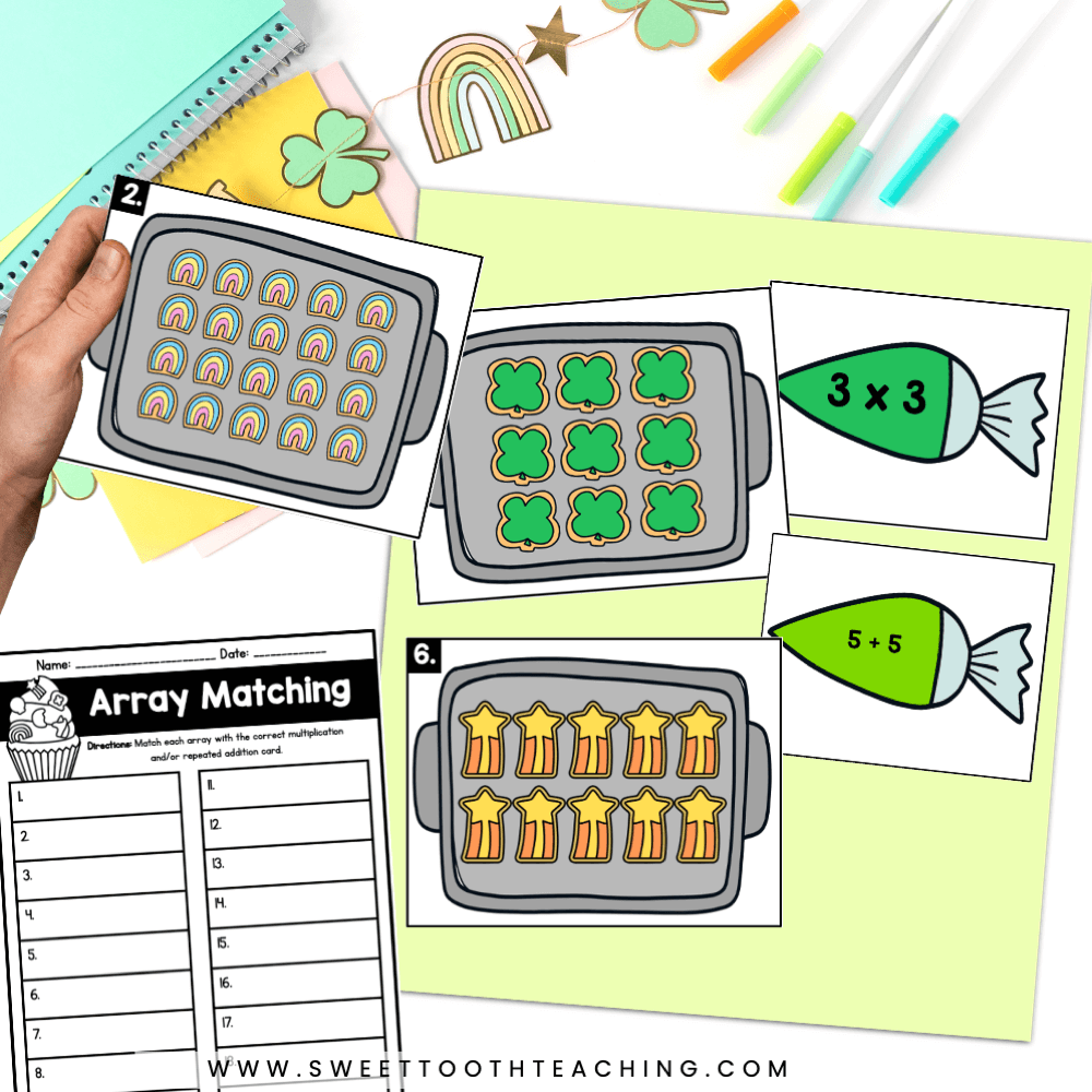 array task cards using repeated additions and multiplication for St.Patrick's Dat