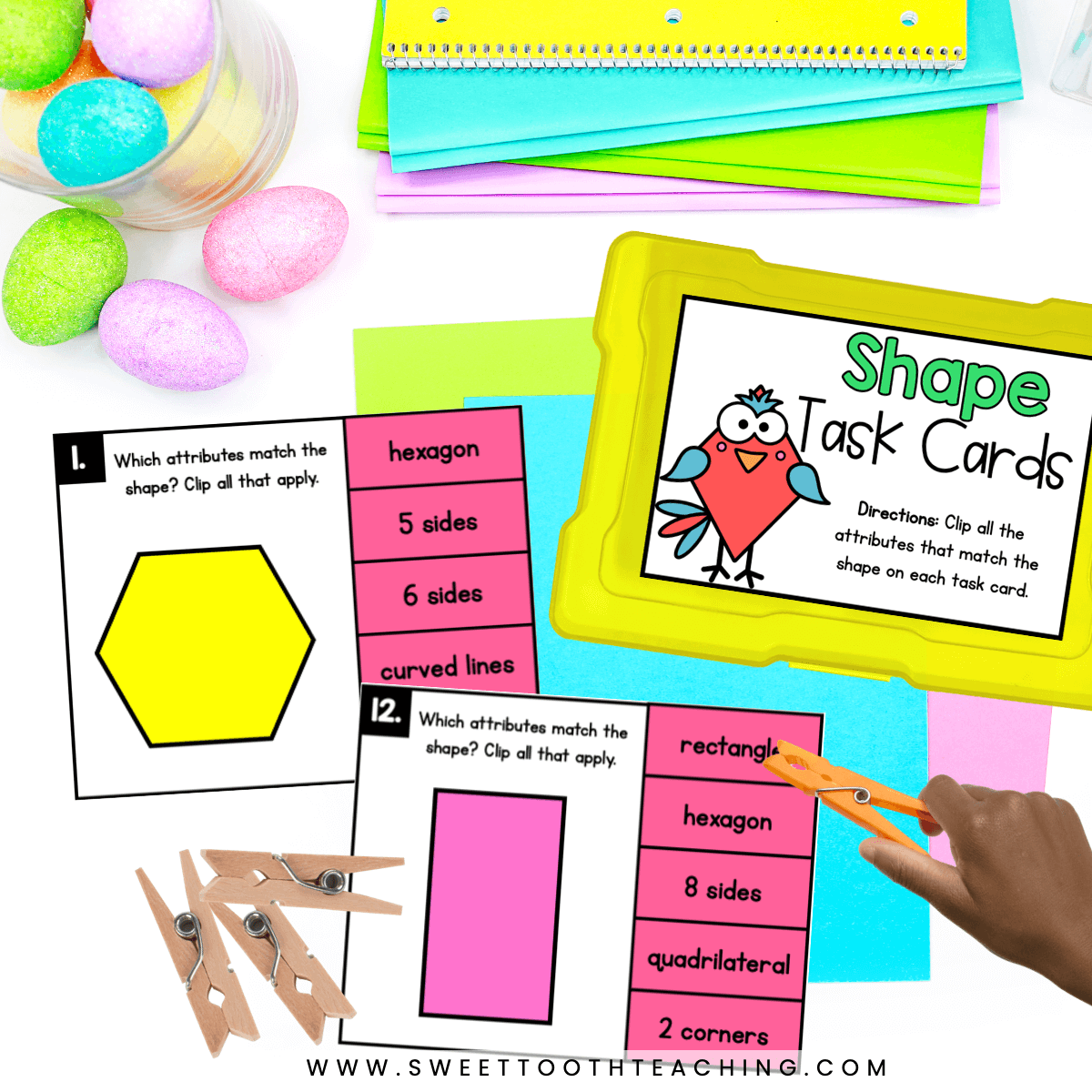 shape task cards where students clip the shape attributes. 2nd grade spring math activities