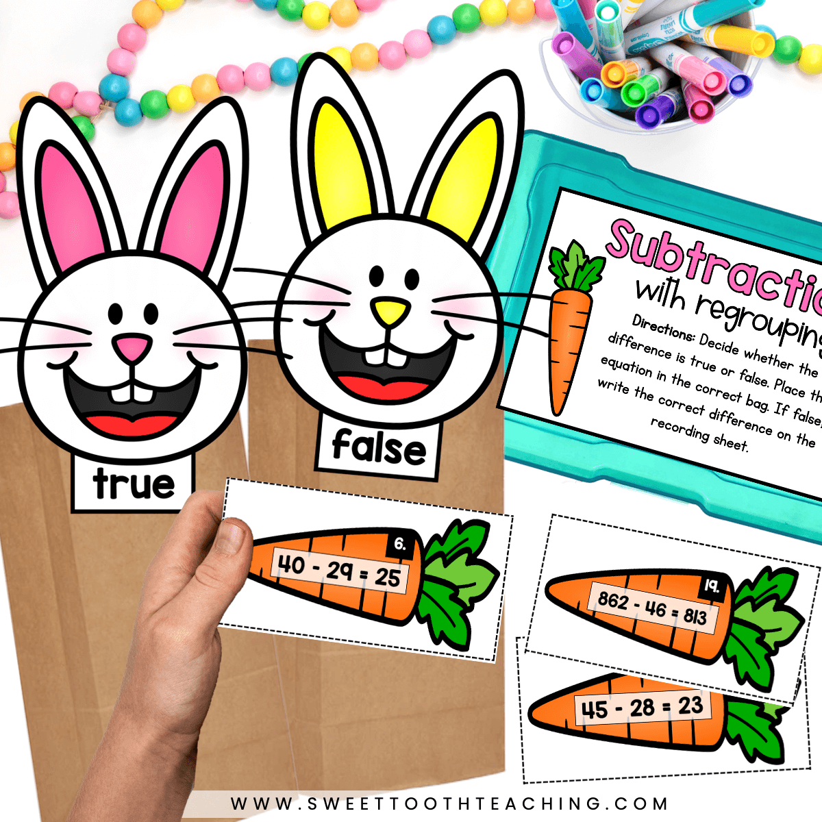 spring math center activities for 2nd grade subtraction with regrouping true or false sort with easter bunnies
