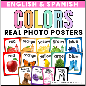 Classroom color posters feature real photos & clipart with English/Spanish labels—perfect for elementary learning of basic colors.