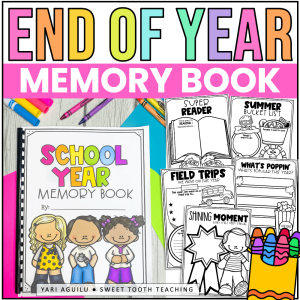 End of Year Memory Book flat lay for elementary students, with fun activity pages, student gift ideas, pencils & markers on desk.