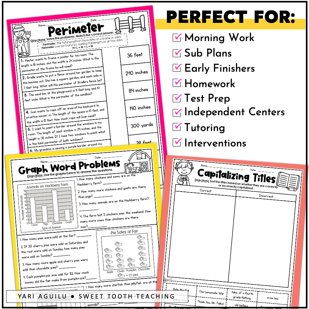 Set of third-grade worksheets for perimeter calculations, graph-based word problems, and capitalizing titles. Ideal for morning work or test prep, with a checklist highlighting uses for independent centers and interventions. 3rd Grade review worksheets for classrooms, homeschool and more!