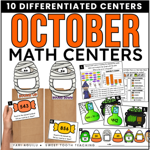 October math centers showing halloween place value task cards, number patterns task cards, and a halloween rounding sorting activity. The black heading reads '10 differentiated math centers'