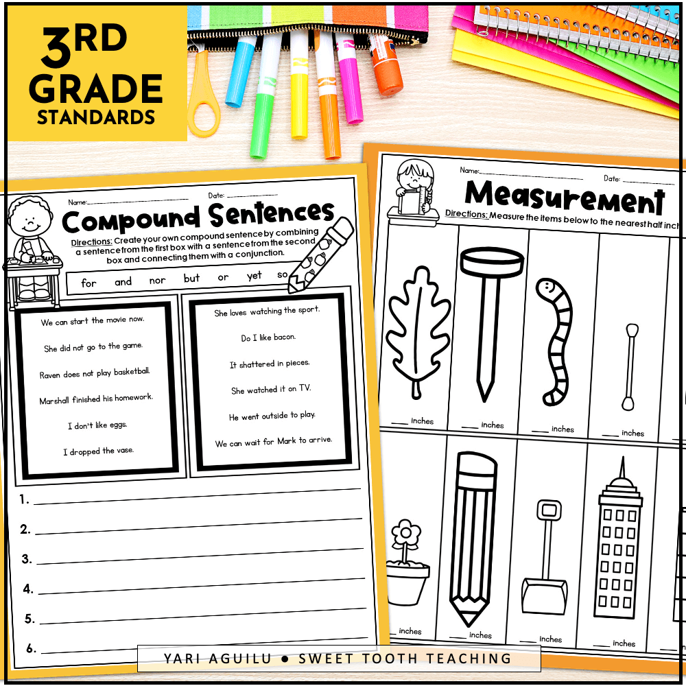 3rd Grade review worksheets for classrooms, homeschool and more! A compound sentence worksheet and measurement worksheet targeting 3rd grade standards.