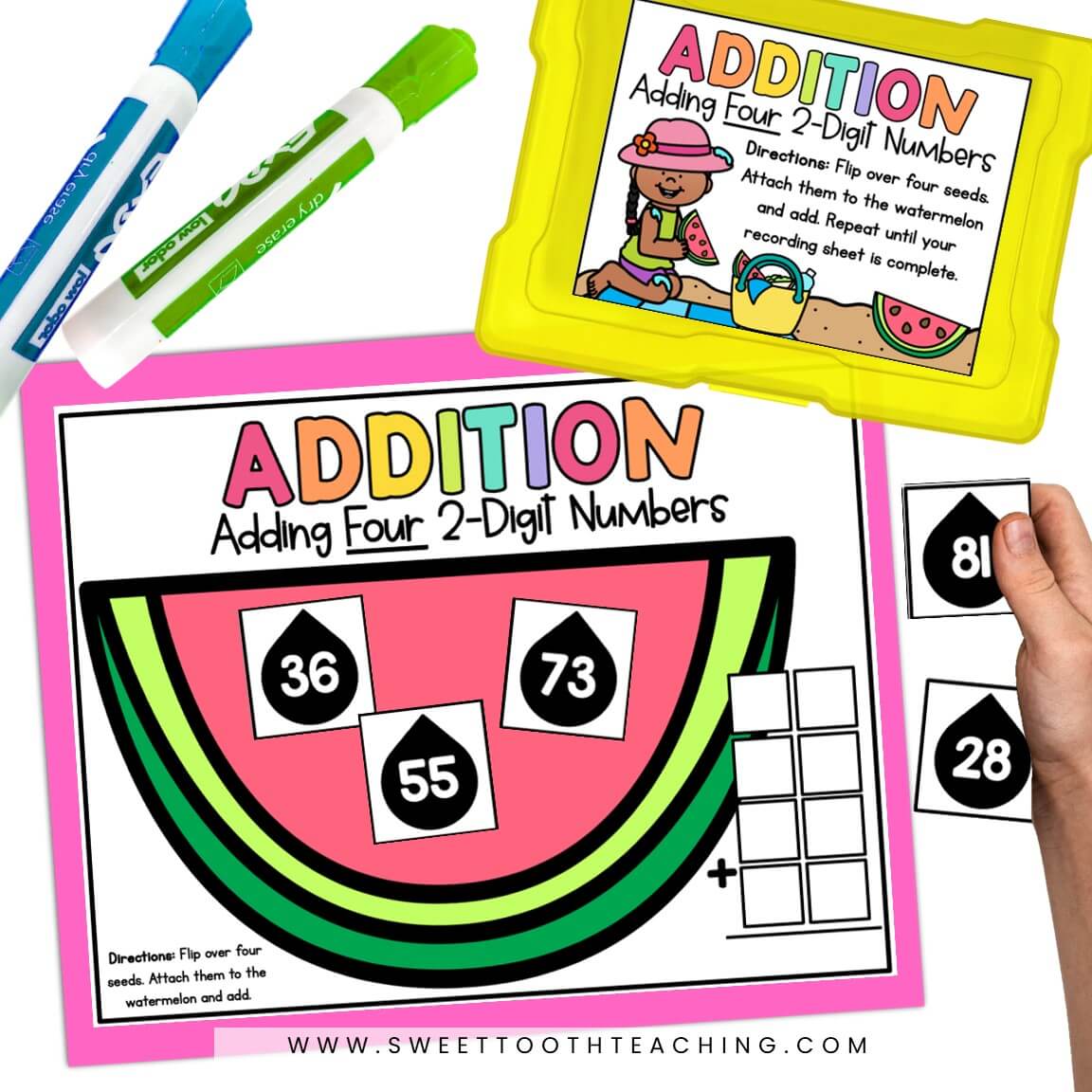 Fun watermelon math game board for teaching 2-digit addition, perfect for centers! Includes number cards, dry-erase tray, and instructions.