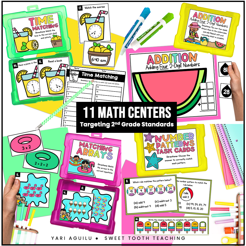 Summer math centers for 2nd grade: 11 engaging task cards on addition, time, arrays & patterns—perfect for classroom or homeschool.