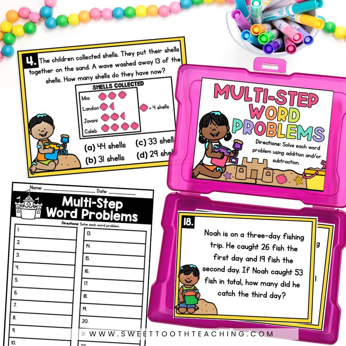 Engaging math center setup with “Multi-Step Word Problems” cards, activity sheets, markers, and beads for addition/subtraction practice.
