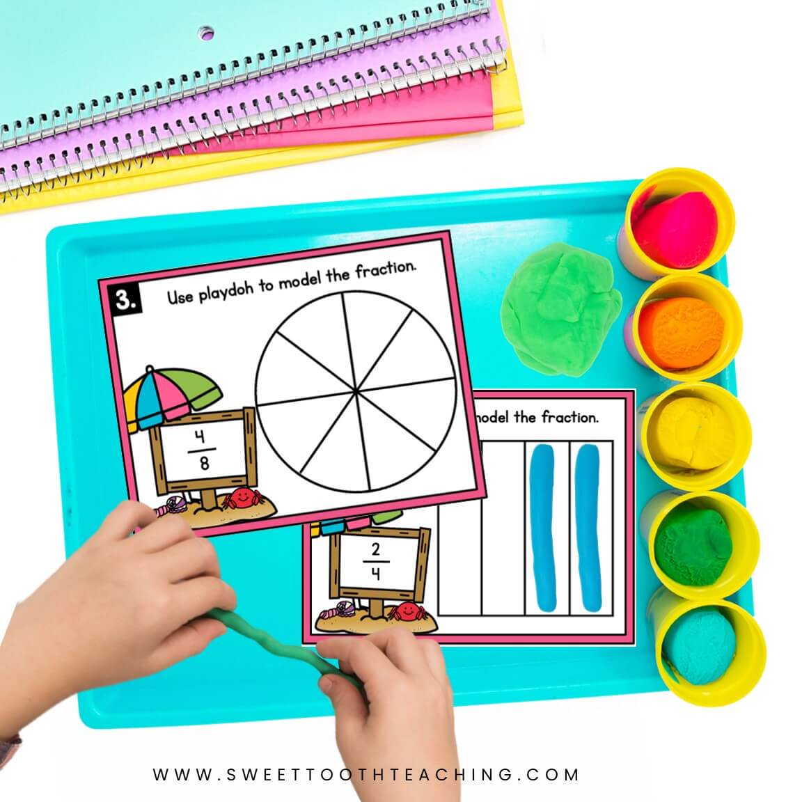 Hands-on math center with student modeling fractions using green playdough, activity card, manipulatives, and classroom supplies.