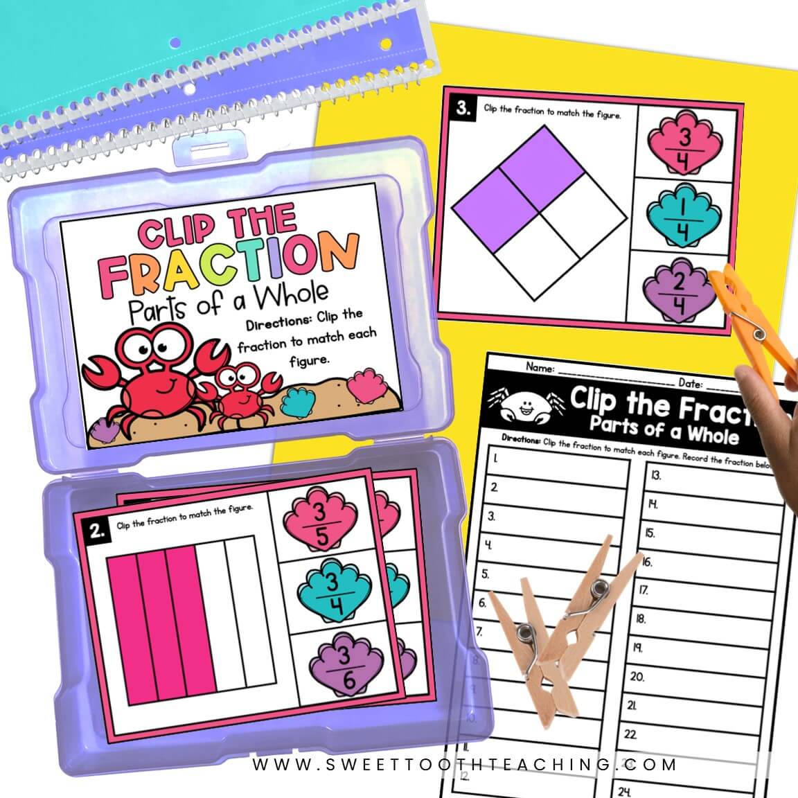 Engaging fraction activity set with vibrant cards, answer worksheet, mini clothespins, and storage case—ideal for elementary math.