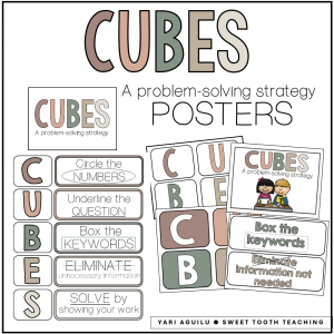 CUBES Math Strategy poster for classroom displays labeled steps, kid-friendly illustrations, and tips to solve word problems.