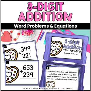 Engaging 3-digit addition task cards with heart cookie designs, perfect for math centers, small groups, or homeschool lessons.