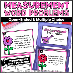 Engaging 2nd grade measurement word problem cards in pink and purple, flower theme, with storage box—ideal math center activity.