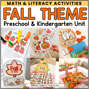 Engaging fall math and literacy activities for elementary classrooms: pumpkin counting cards, matching games, leaf crafts, decor.