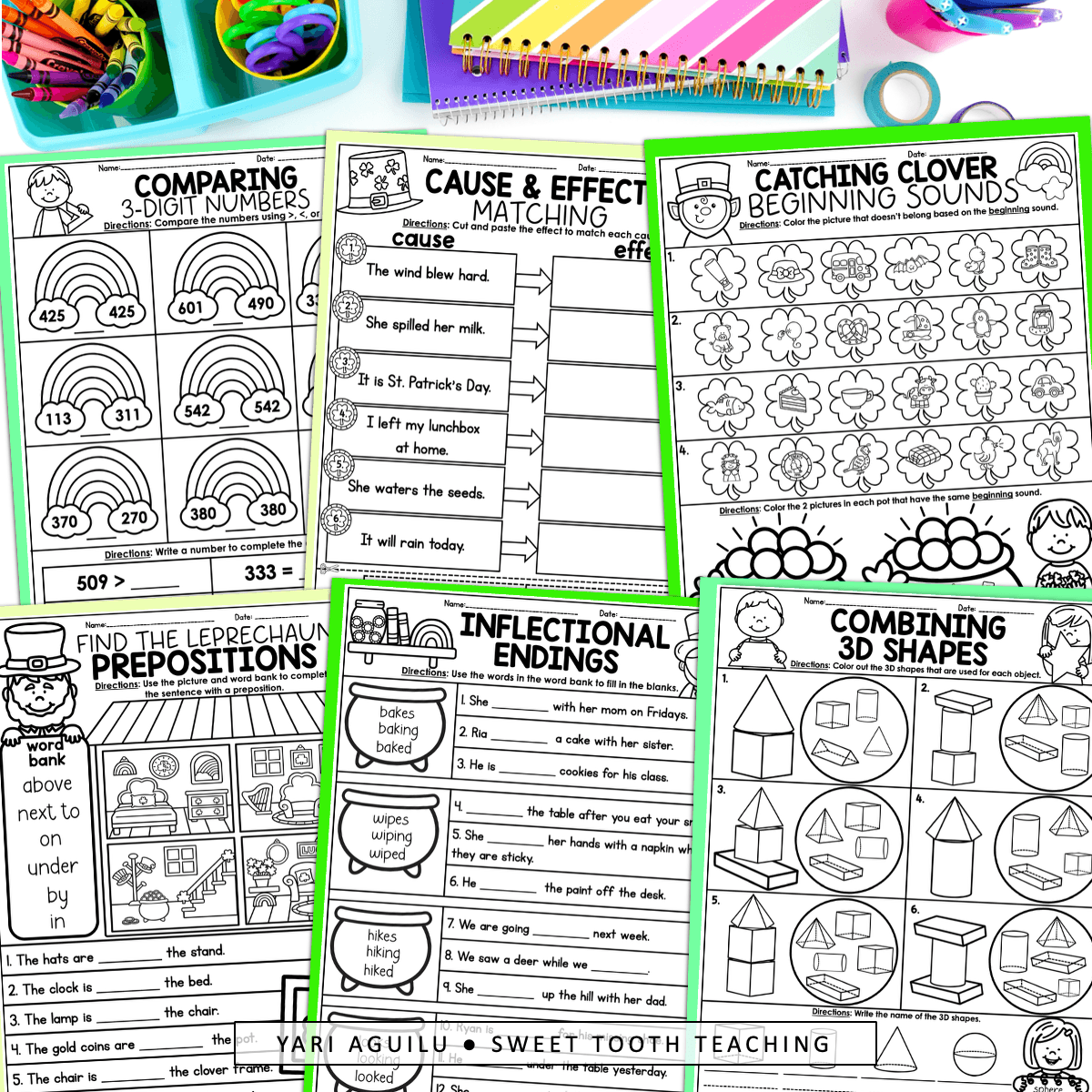 St. Patrick’s Day 1st Grade Spring Worksheets: math (3-digit numbers, 3D shapes), phonics, grammar, cause/effect, ELA review.