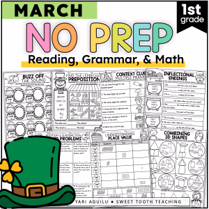 St. Patrick’s Day 1st Grade Worksheets—no prep math, phonics & grammar, March themes, leprechaun hats, clovers; perfect for classrooms.