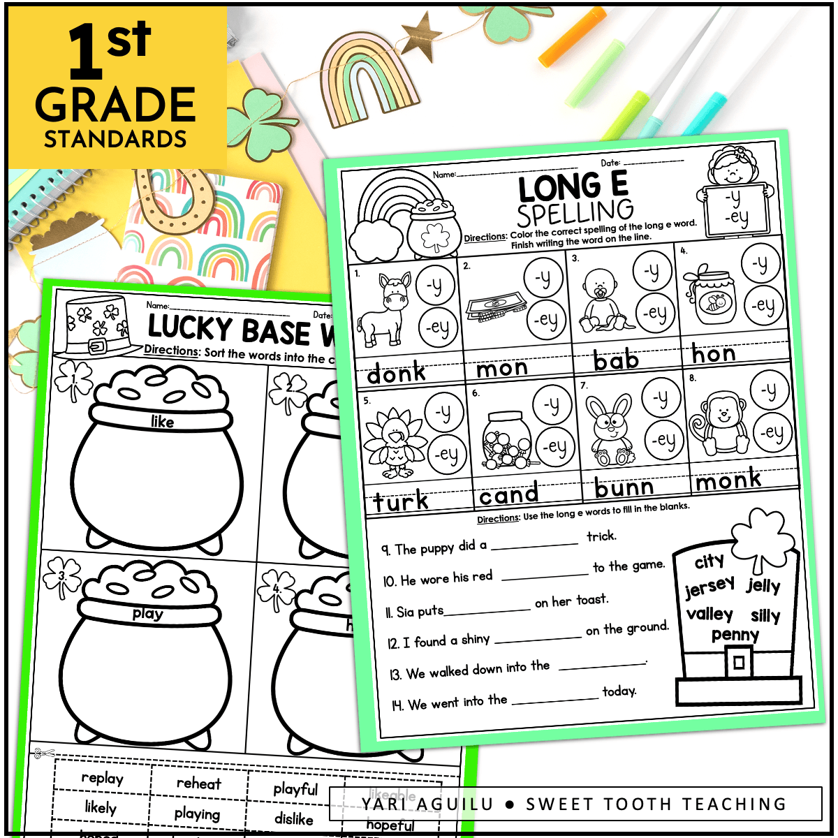 St. Patrick’s 1st Grade phonics worksheets: shamrock & rainbow themes, long E spelling, "like/play" cauldron sort—great for phonics centers!